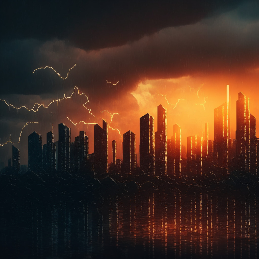 Sunset-lit city skyline, a worried investor amidst stormy clouds, Bitcoin symbol reflecting inflation rates, intertwined global economic and cryptocurrency elements, bar graphs indicating market volatility and breakthrough resistance, subtle chiaroscuro technique, somber yet hopeful ambiance.