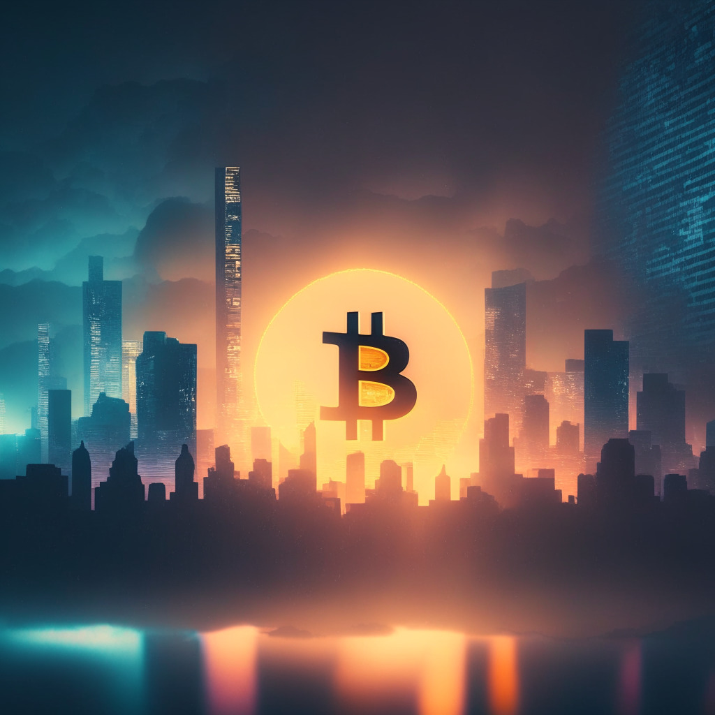 Twilight cityscape with Bitcoin symbol, futuristic aesthetic, warm to cold color gradient, dollar currency symbol, contrasting light and shadow play, mild fog, floating financial data overlay, anticipatory mood, digital world interaction, metaphorical representation of inflation and market dynamics.