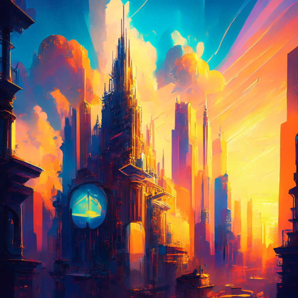 Intricate cityscape, futuristic buildings, diverse group discussing regulation, glowing cryptocurrency symbols, sunlight breaking through clouds, Baroque and Impressionist brushstrokes, sense of steady growth, uplifting and cautionary mood, vibrant colors, twilight transition.