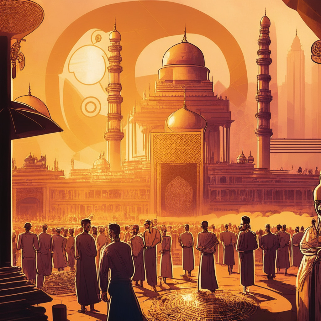 Indian crypto stakeholders push for UPI access, intricately detailed scene of a digital Indian cityscape, warm golden light, a balance scale representing pros and cons, mix of Art Deco & modern style, mood of cautious optimism, foreground figures include regulators, law enforcement, and crypto exchange representatives, background shows peer-to-peer transactions.