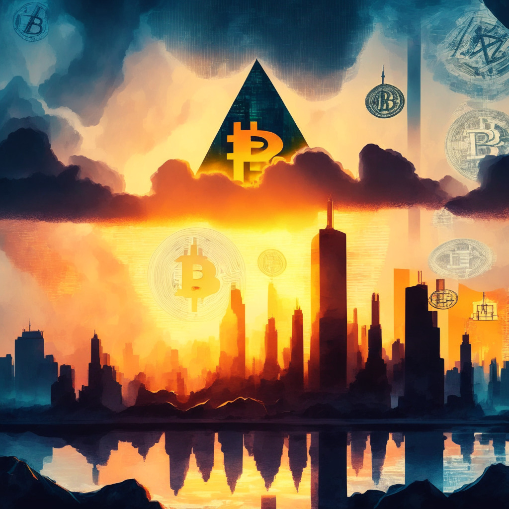 Cryptocurrency market scene during inflation, light setting: sunset skyline, artistic style: impressionist, detailed elements: Bitcoin, Ethereum, trading charts, symmetrical triangle pattern, Federal Reserve building silhouette, abstract recession cloud looming, mood: cautiously optimistic yet uncertain atmosphere.