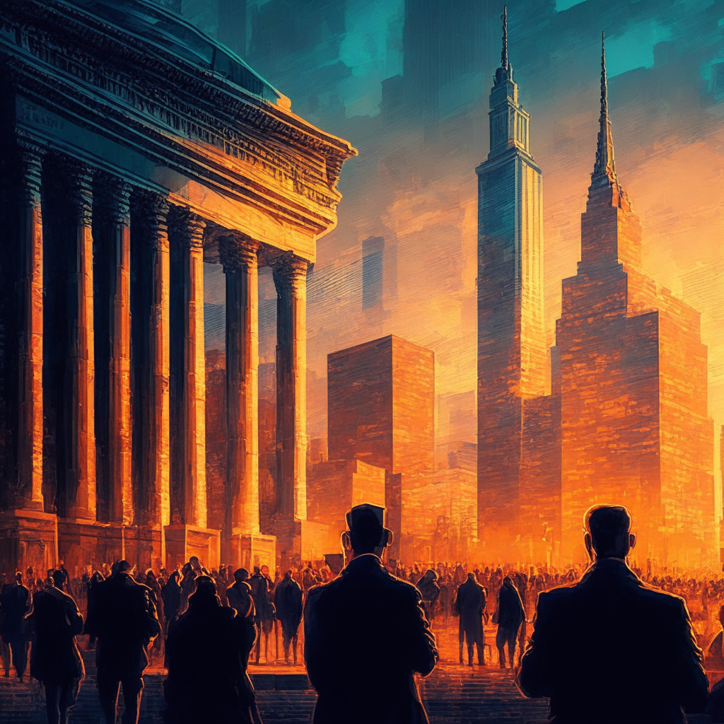 Intricate cityscape with cryptocurrencies and traditional markets, twilight setting, contrasting warm and cool colors, impressionist style, mood of anticipation and uncertainty, economic highlights subtly blended in, Federal Reserve building backdrop, traders and investors in foreground.
