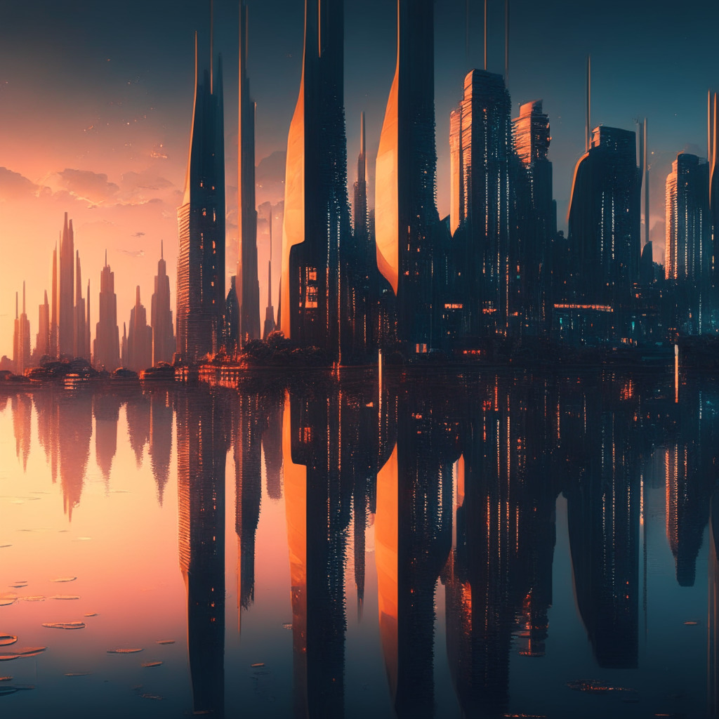 Intricate cityscape at dusk, variety of cryptocurrencies as building structures, soft glowing lights, modern and futuristic architectural designs, warm colors transitioning to cool tones, reflections on water, calming atmosphere, economy-inspired details woven throughout, subtle contrast between old and new, serene sky with hints of clouds.