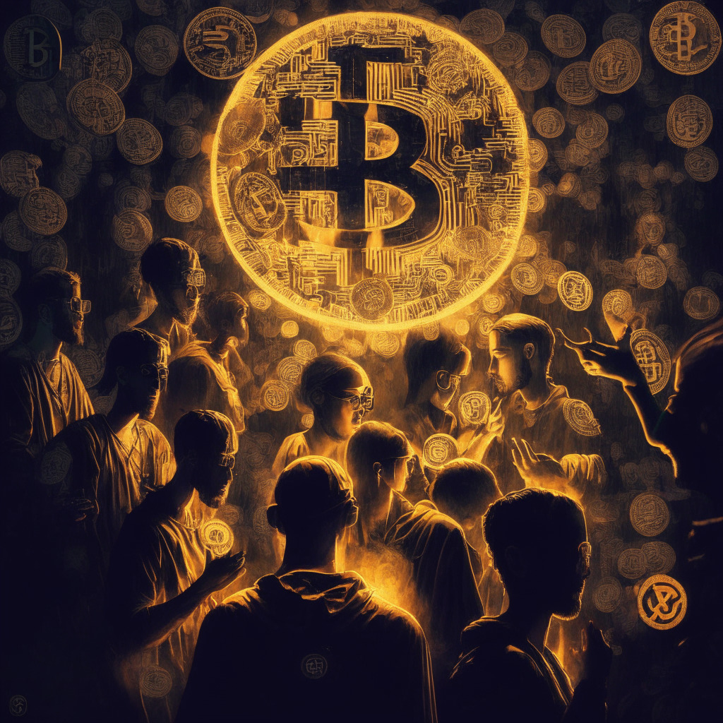 Intricate digital art, subdued lighting, reflective mood, social media influencers entwined with memecoins, ethical concerns in the background, a hint of chaos to represent market sentiment, contrast between established cryptocurrencies and newer tokens, question of lasting impact.