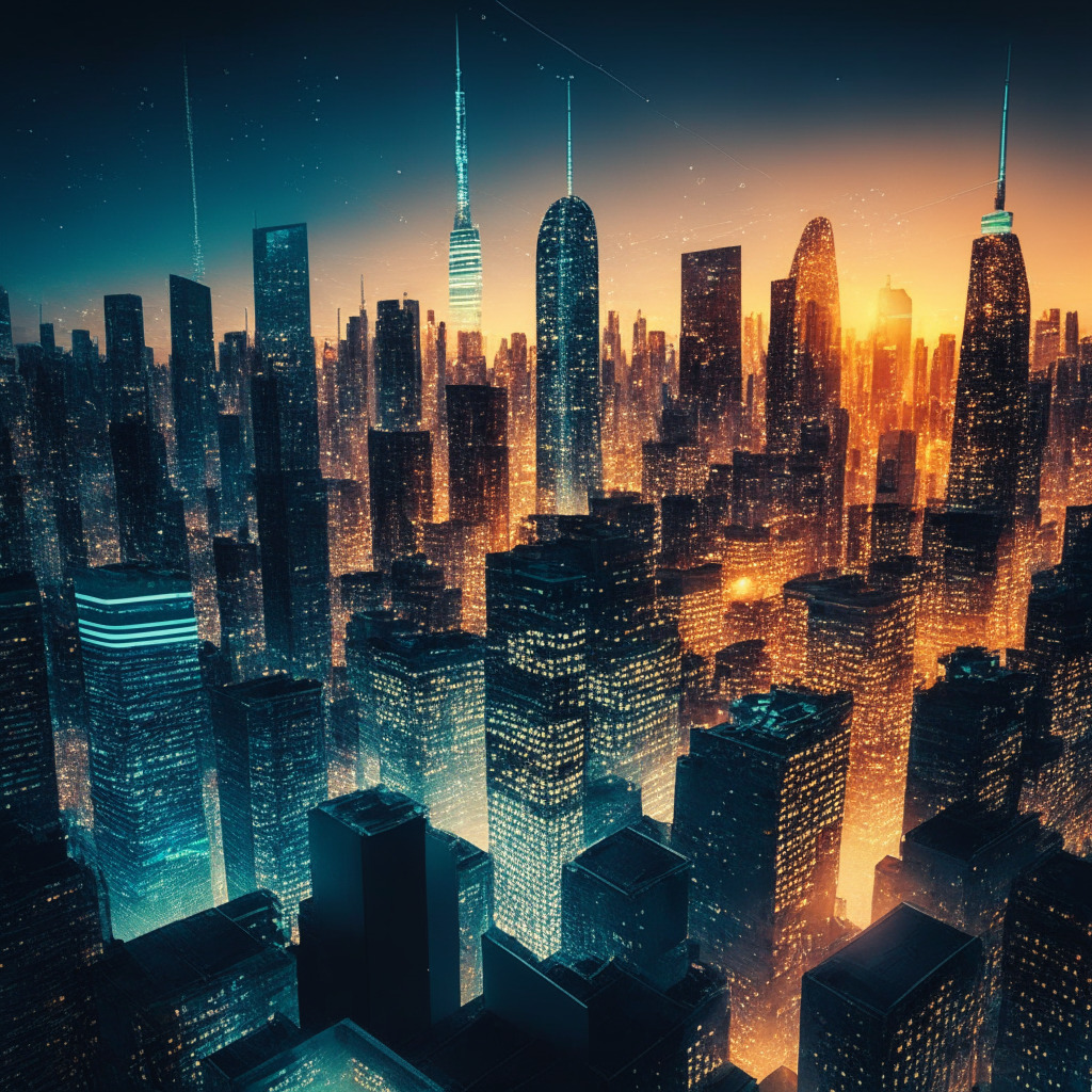 NYC blockchain hub, dusk cityscape with warm glow, futuristic skyscrapers, innovative solutions in progress, financial world meeting crypto, tension between skeptics & enthusiasts, shimmering networks representing secure transactions, green energy mining alternatives, global accessibility.