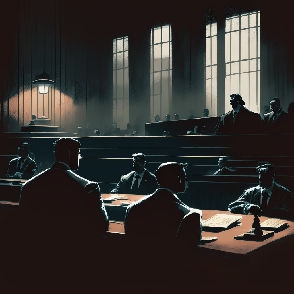 A dimly lit, dramatic courtroom in an artistic style, two brothers at the defendant's table reflecting remorse and worry, SEC members in the background enforcing regulations, a diverse crypto community observing from the gallery, subtle blockchain patterns on courtroom walls, tense and somber mood.