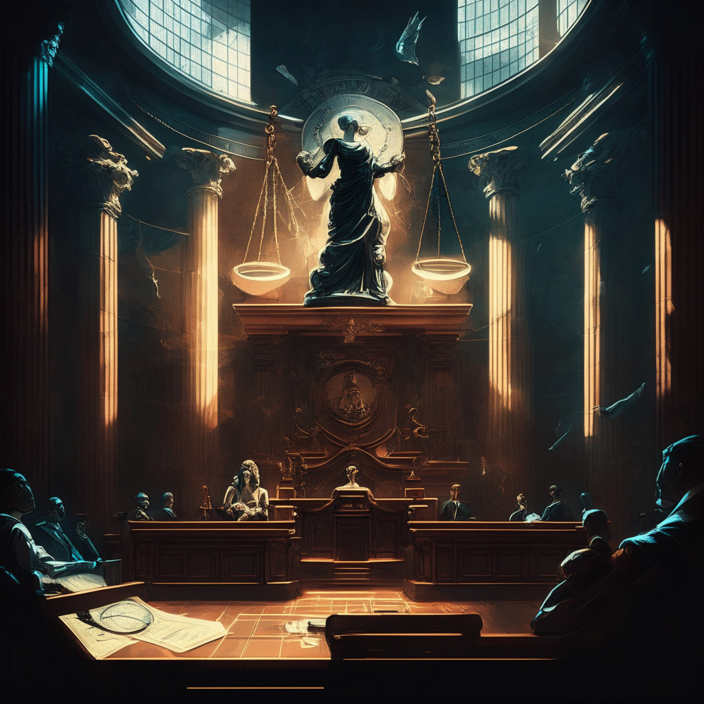 Intricate courtroom scene, judge announcing verdict, crypto tokens as symbolic figures, chiaroscuro lighting, mix of Baroque and modern art styles, tense mood, fusion of traditional finance & digital realms, scales of justice representing balance between innovation and regulation, no brand names.