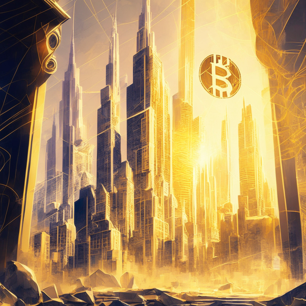 Intricate cityscape with futuristic architecture, Ethereum logo prominently displayed, financial institutions in the background, warm golden light cascading over the scene, impressionist painting style, dynamic energy lines emitting from Ethereum, a feeling of stability and optimism, contrasting Bitcoin with subtle shadowy elements.