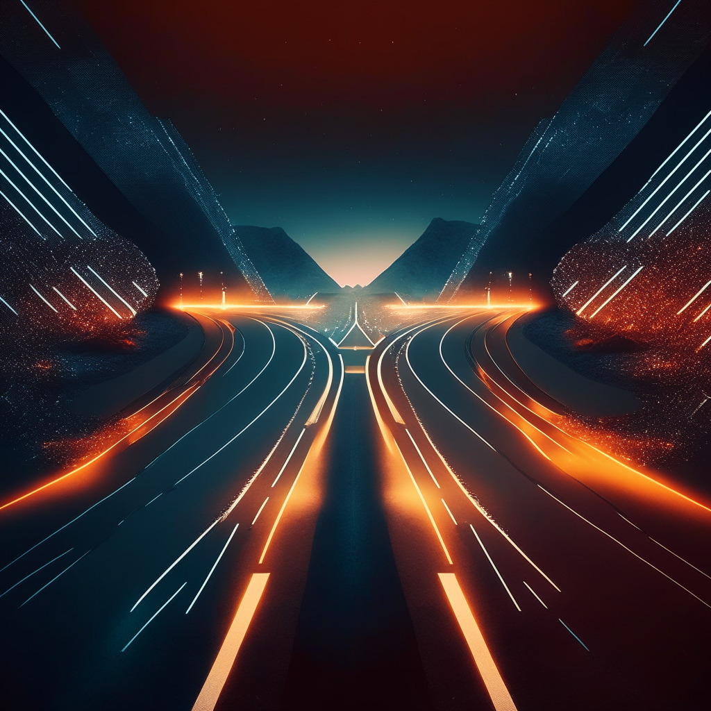 Futuristic financial landscape, split road symbolizing divided investor sentiments, blockchain elements, dark and uncertain yet hopeful ambiance, contrasting warm and cool tones, subtle geometric patterns, glowing light source.