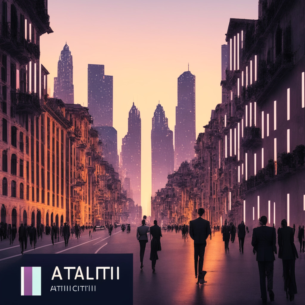 Italian cityscape at dusk with soft sunset hues, bustling streets reflecting the impact of AI on workforce, concerned citizens in business attire, holographic images of FRD logo, government officials discussing AI policies, futuristic transport and logistics, digital skill training taking place, an AI chatbot displaying transparency text, and a faint blockchain pattern overlay, creating an atmosphere of hope amidst uncertainty.
