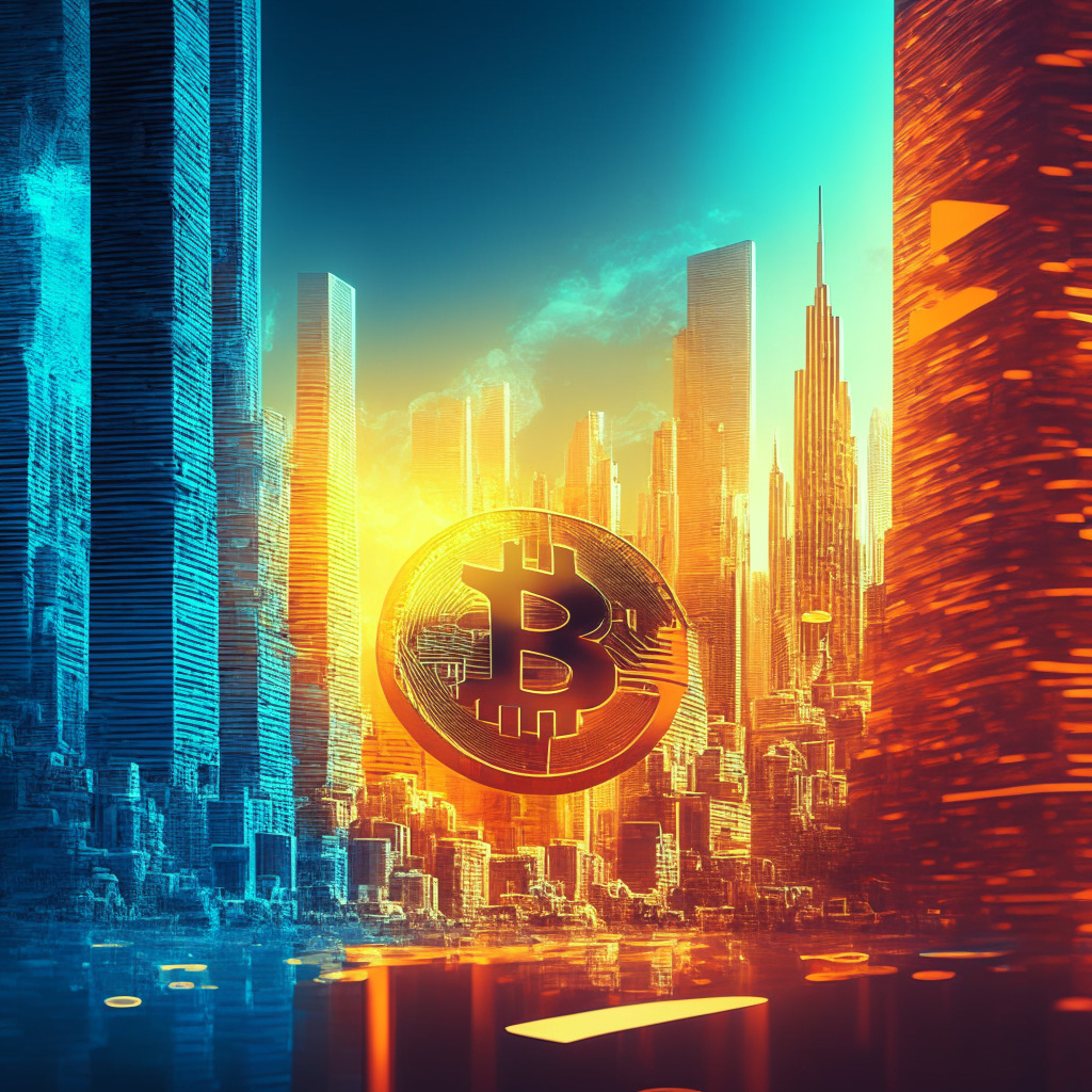 Futuristic cityscape with bitcoin symbol, Cash App interface, contrasting light and shadow, vivid colors, dynamic composition reflecting growth and controversy, mood of financial innovation and scrutiny, abstract representation of de-dollarization, AI elements to signify technological adaptability.