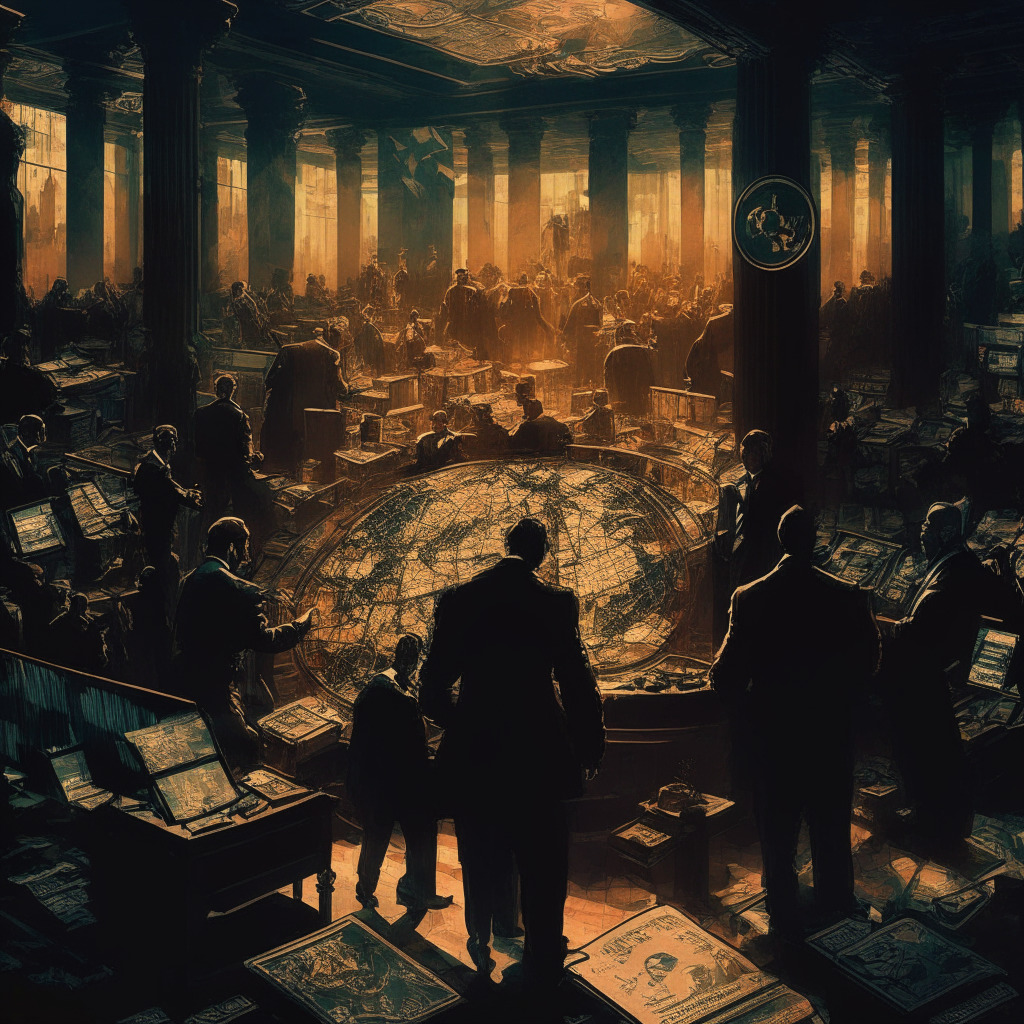 Crypto market-makers scale back, intricate trading floor scene, chiaroscuro lighting, baroque style, tense atmosphere, US regulators looming, currency symbols, global map with crypto markets, hint of artistic chaos, muted color palette, contrasting shadows, sense of uncertainty.