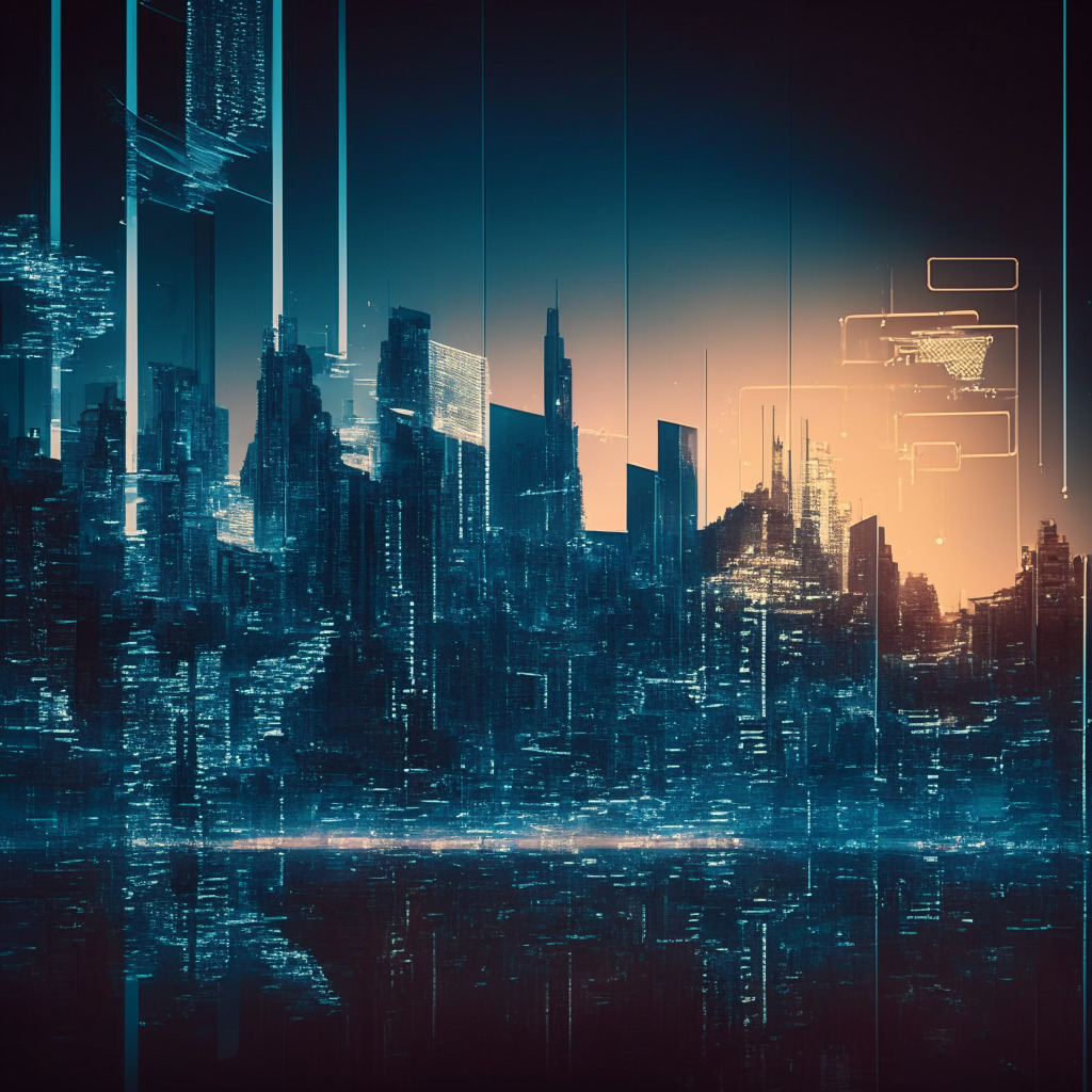 Digital yen concept, futuristic cityscape, dusk lighting, Japanese aesthetics, serene mood, abstract encryption visual, diverse group discussing, balance imagery, translucent currency hologram, innovative technology, hint of privacy concern, no logos or brands, 350 characters max.