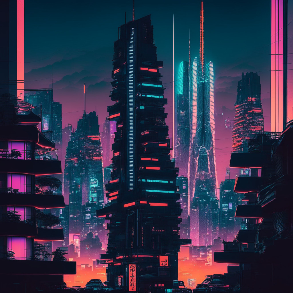 Futuristic Tokyo skyline at dusk, layered cyberpunk aesthetic, glowing neon lights, contrast between traditional Japanese architecture & modern financial district, shadows of anonymous individuals transferring digital currency, sense of cautious optimism, mood of balancing innovation & regulation.