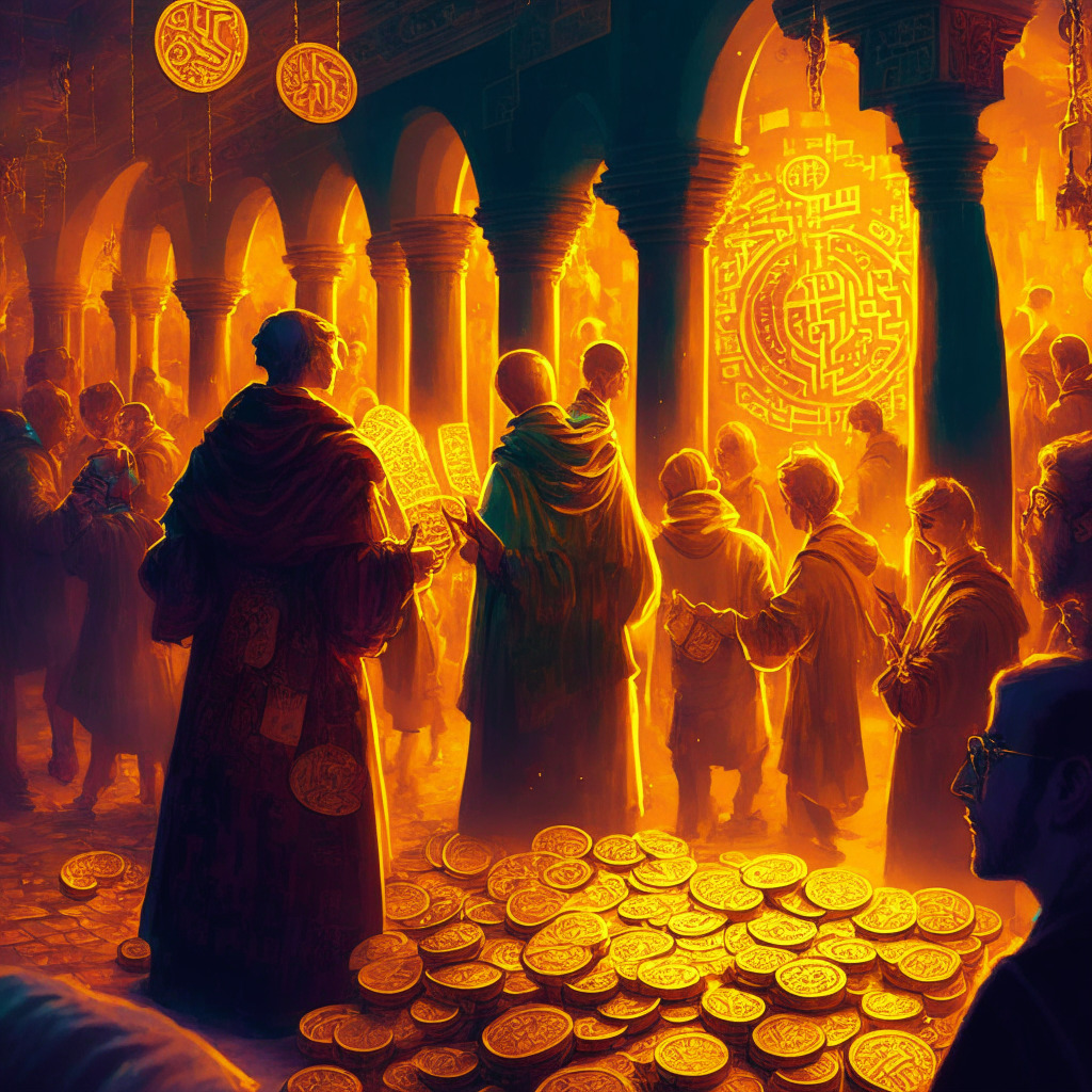 A bustling crypto market scene, glowing gold coins embossed with various meme symbols, warm lighting, Renaissance-style art, a mysterious figure studying the market with anticipation, lively colors expressing a dynamic mood, hints of AI technology weaving through the scene, an undercurrent of excitement and risk.