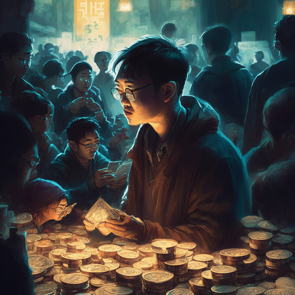 Intricate crypto market scene, Justin Sun considering memecoin ventures, vibrant and dynamic trading environment, chiaroscuro lighting emphasizing risks and rewards, playful yet serious artistic style, hints of popular internet memes, philanthropic undertones, cautious and contemplative mood.
