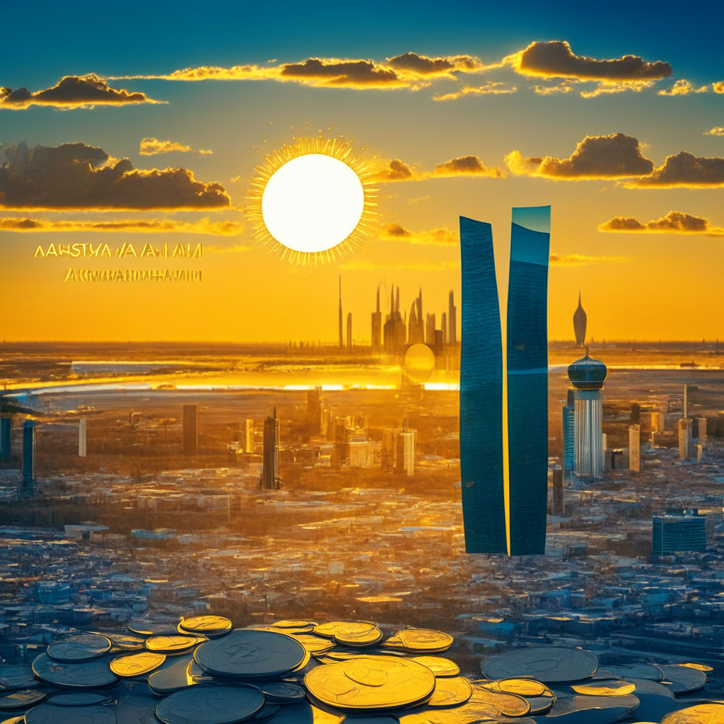 Kazakhstan crypto hub, golden scales balancing crypto coins & regulation, futuristic Astana city skyline, diverse regional participants, compliance documents in background, sun setting over steppe, high-contrast chiaroscuro, moody atmosphere, hope & caution mingling in air, 2022 tax achievements highlighted.