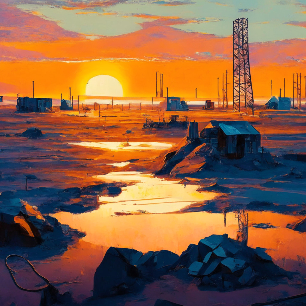 Kazakhstan crypto mining landscape, government regulation, taxation dilemma, sun setting on the horizon, imposing shadows of mining rigs, contrasting warm and cool colors, balance between forward progress and oversight, tension in the atmosphere, uncertain future, blend of realism and impressionism.