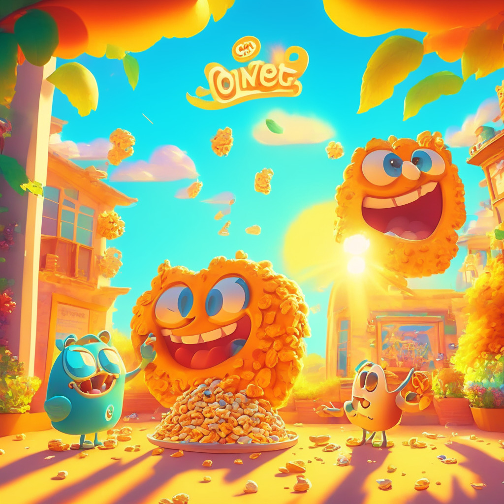 A picturesque metaverse scene featuring iconic cereal mascots, warm sunlight casting vibrant colors, Impressionist-inspired flourishes, whimsical atmosphere. Mascots engage in delightful interactions amidst lush, dreamy background, reflecting NFT potential and the digital age's intersection with nostalgic comfort. No brands or logos included.