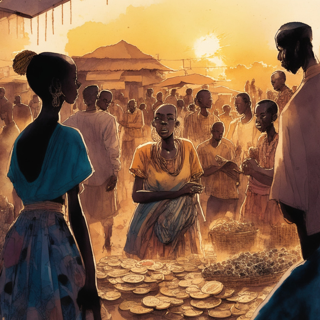 Intricate African marketplace scene, variety of digital assets: cryptocurrency, non-fungible tokens, diverse group of Kenyan citizens, warm sunset lighting, both optimistic and concerned expressions, artistic watercolor style, prominent Kenyan government building, subtle tension between traditional and digital economies, a sense of the community adapting to change.