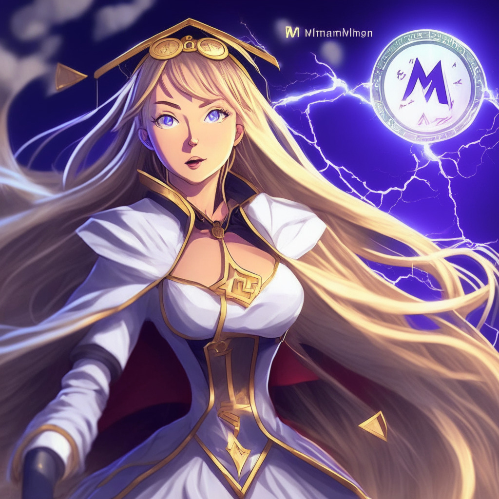 Anime-inspired memecoin, etheral lighting, Milady NFT featured, 5250% surge, Elon Musk meme tweet, playful mood, $140 million market cap, decentralized exchange, evolving from entertainment to financial intrigue, potential longevity or fading trend.