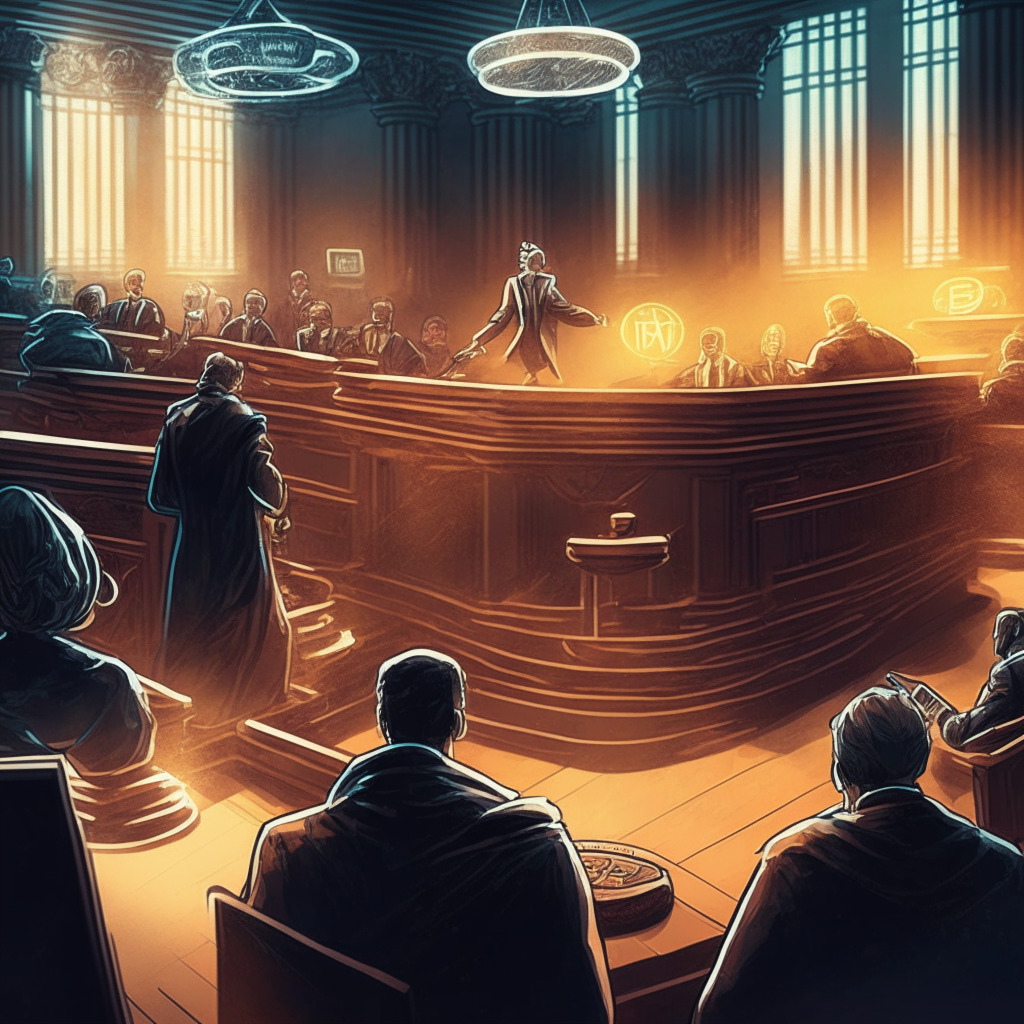 Cryptocurrency courtroom, intense legal battle, LBRY vs SEC, dramatic chiaroscuro lighting, tension-filled atmosphere, Ripple's future hanging in the balance, attorneys observing cautiously, pursuit of token clarity, blurred line between security and non-security, urgent need for transparent regulations, crucial determination impacting crypto market evolution.