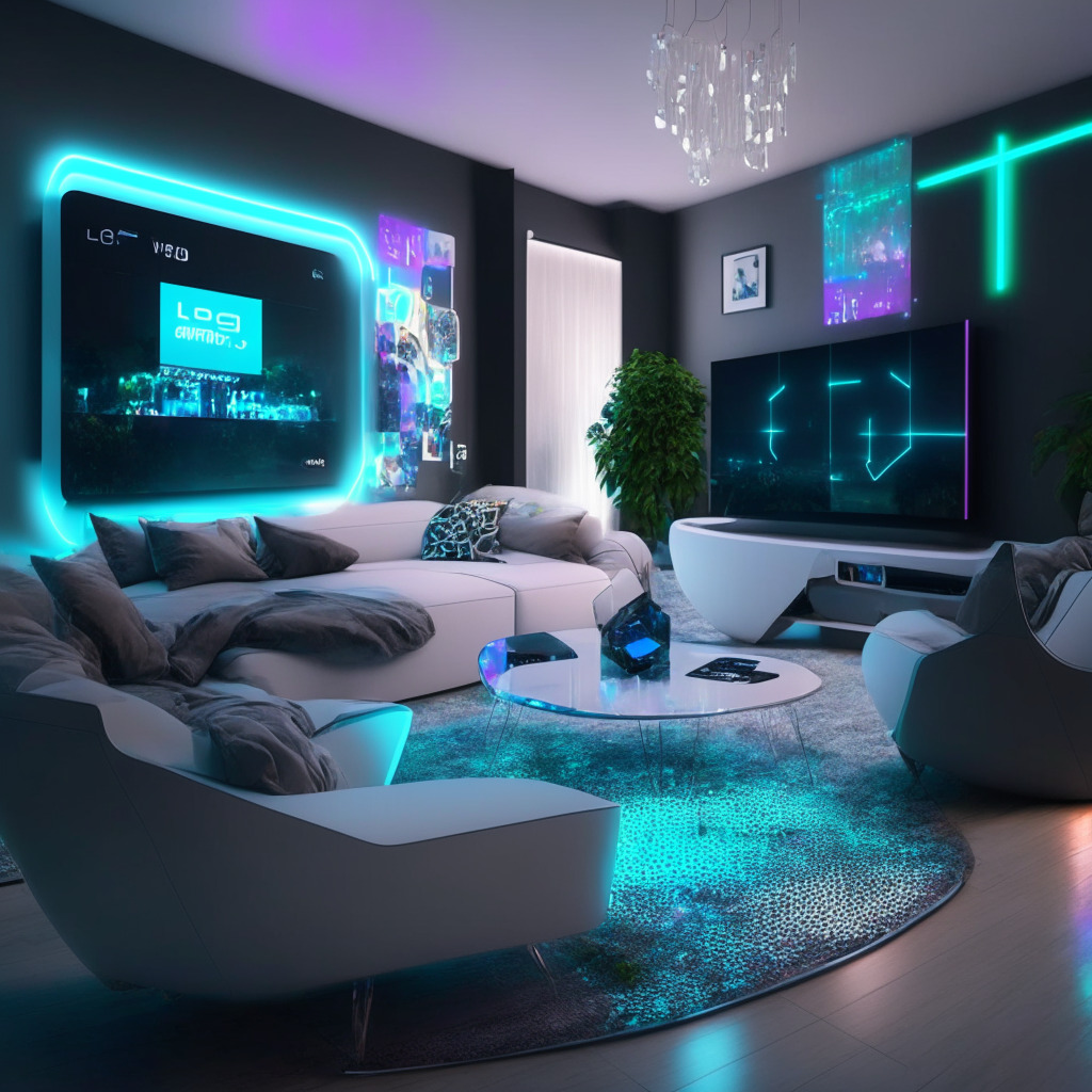 Futuristic living room embraces Web3, LG Smart TV with integrated NFT trading, soft glowing ambient light, captivating digital art display, warm, inviting atmosphere, contrasting sleek modern furniture, users interact with QR codes, secure transactions, sense of connection to evolving metaverse.
