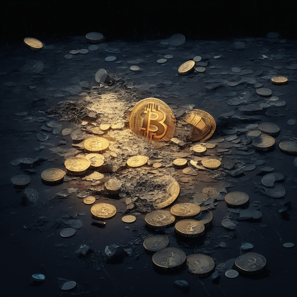 Cryptocurrency crash aftermath, somber mood, fading light, Terra Luna among scattered coins, remembrance and reflection, hints of optimism, focus on transparency and protection, validators guarding network, due diligence emphasized, well-crafted risk management, responsible leadership highlighted, industry growth despite challenges.