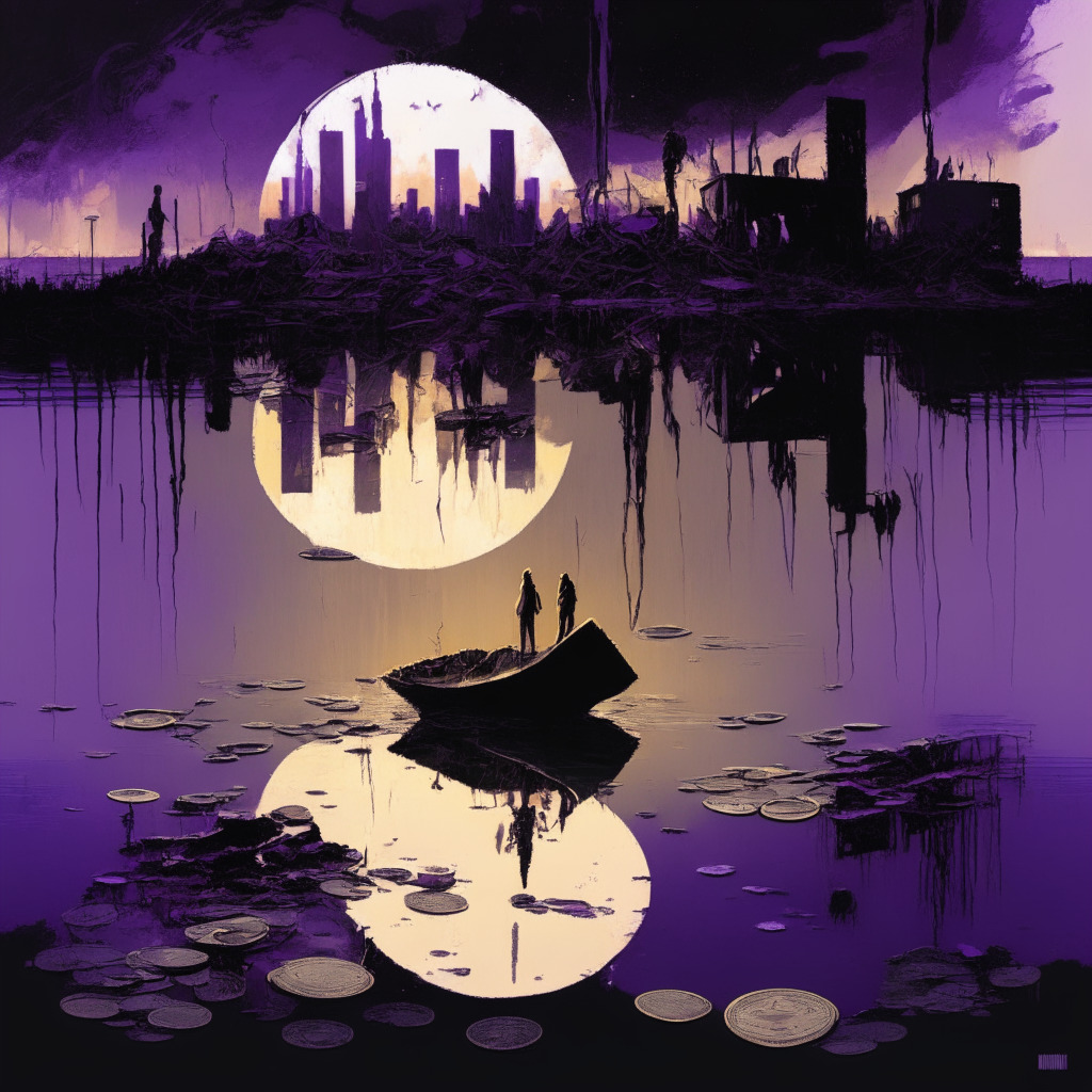 LUNA Crash Anniversary scene, dusk sky with hues of purple and gold, somber mood, delicate brush strokes, a cracked cryptocurrency coin in the center surrounded by concerned figures, shadows of towering market graphs in background, reflection on a still water surface, contrasting emotions of loss and resilience.