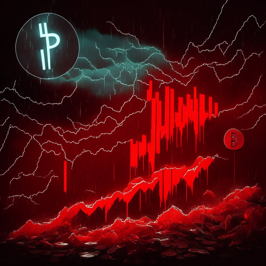 Cryptocurrency plummet scene, dark stormy sky, downtrend red arrow, coins scattered, hopeful sunrays, tense mood, transition to new rally or ongoing correction, $0.00008 support level, dynamic resistance, slight price surge, RSI and EMA indicators, 0.0000925 current spot rate, medium volatility, resistance and support levels, investor caution.