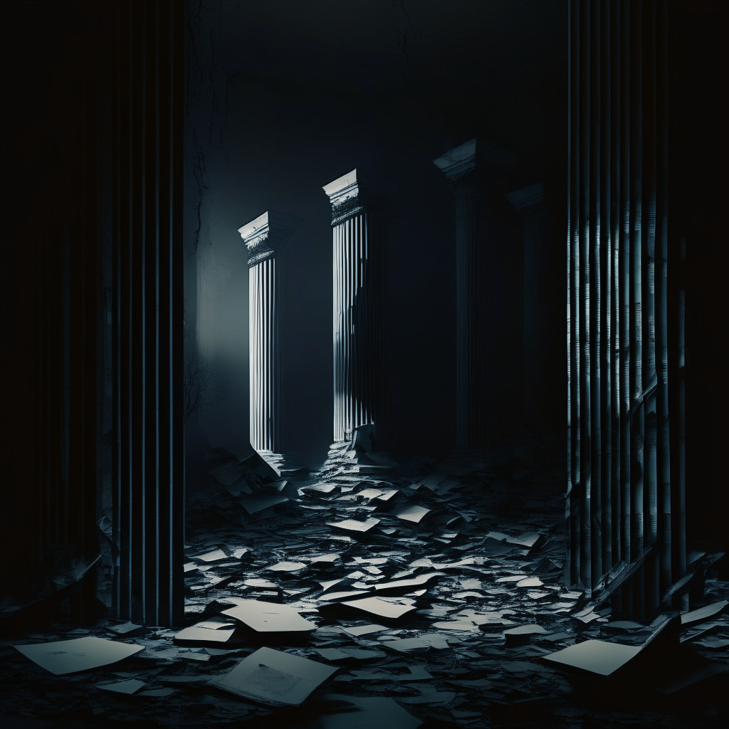 Mysterious crypto landscape, sinking financial pillars, looming shadows of regulation, dimly lit, chiaroscuro style, sense of impending collapse, subdued tones, accountability papers scattered, fragmented reflections, urgent mood, balance between anonymity and transparency.