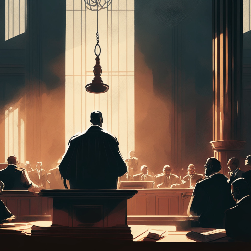 Intricate courtroom scene, judge in authoritative posture, disgraced crypto employee being sentenced, gavel hitting the stand, subtle emphasis on tension, soft morning light illuminating the room, contrasting shadows, somber mood with a hint of hope, SEC agents observing, duality of crypto regulation vs. decentralization debate.