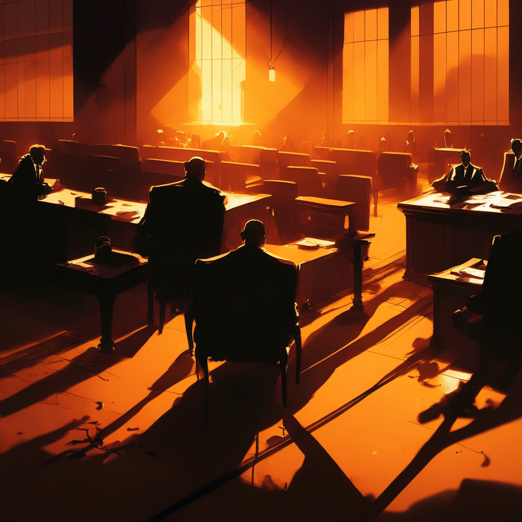 Sunset courtroom scene, tense atmosphere, shadowy figures whispering, a scale tipping towards one side, broken stablecoin scattered on floor, contrasting warm and cool colors, ethereal glow highlighting the deception, subtle indication of manipulation, hidden strings attached, cautionary undertone.