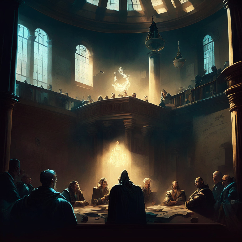 Intricate courtroom scene, tense mood, chiaroscuro lighting, Renaissance style, deceitful characters secretly exchanging LUNA and UST tokens, collapsing crypto castle in the background, subtle touches reflecting financial losses, drama unfolding amidst the heated debate of crypto regulations.