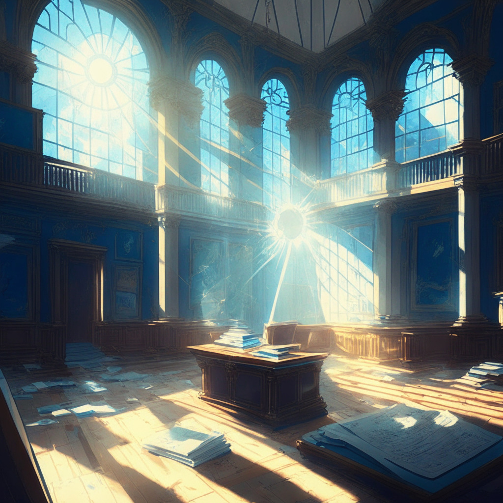 Cerulean courtroom, intricate legal documents scattered, radiant sunlight illuminating scene, hints of tension in the air, Baroque-style painting influence, juxtaposition of classic law books and modern cryptocurrency icons, somber yet hopeful mood, delicate balance of trust and transparency.