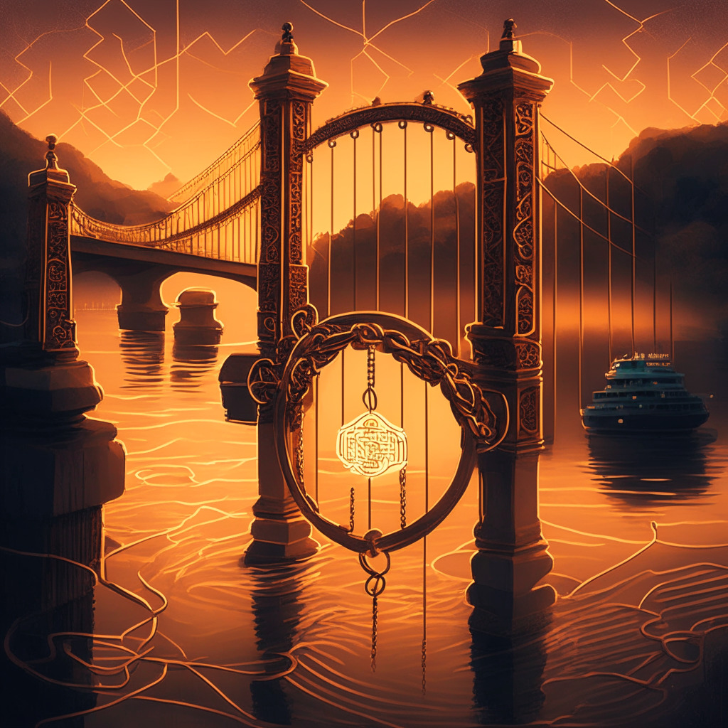 Cross-chain bridge protocol, dusk light setting, digital tokens illuminating interconnected network, Baroque artistic style, secure padlock on Fantom pool, delicate balance, neutral tones with hints of warm orange, mood of cautious optimism, community voting on proposal, emphasis on ecosystem protection, isolated liquidity provider pool.