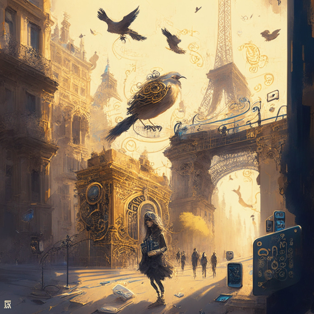 Intricate digital painting, Parisian streetscape with tech gadgets, abstract cryptography symbols, golden hour, soft color palette, Baroque textures, pensive mood, swirling cloud of Twitter birds, distressed character holding hardware wallet, a blend of Renaissance and Cyberpunk, delicate warning signs, bridge symbolizing communication.