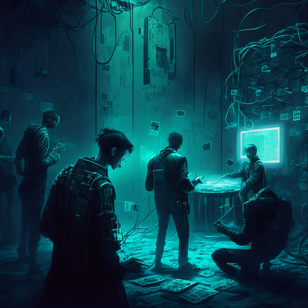 Intricate blockchain imagery, contrasting light and shadows, cyberpunk art style, tension-filled atmosphere: A scene depicting critical debates over trust and trustlessness surrounding Ledger Recover's recovery phrase backup service, with hardware wallets and encrypted data fragments.