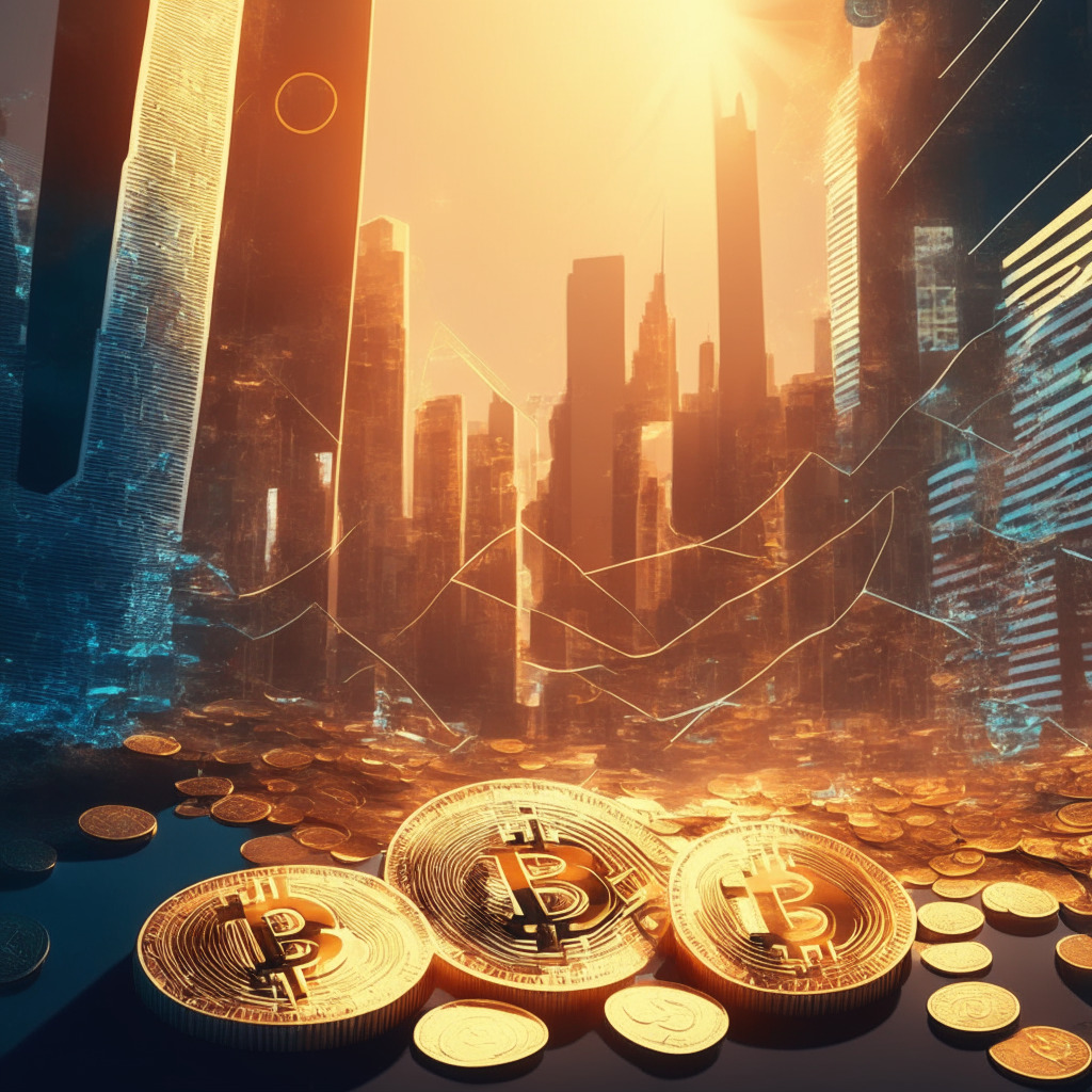 Gleaming crypto coins amidst lively debate, soft light casting shadows on a futuristic cityscape, warm tones conveying optimism, wallet and staking elements floating on a digital canvas, AR/VR devices enhancing meta experiences, subtle nods to CBDCs research and regulatory icons, dynamic yet introspective mood.