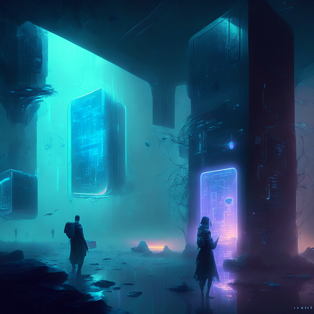 Ethereal tech scene with encrypted wallets, diverse custodians, and security features glowing in a mysterious ambiance, subtle conflict between trust and user privacy, soft-glowing cyberpunk-esque landscape, tension in the air as encrypted data fragments flutter, hint of adaptability and open-source innovation in the atmosphere.