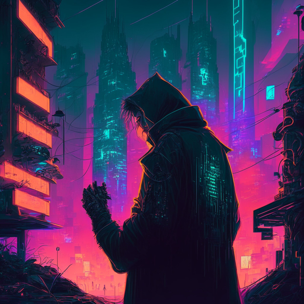 Intricate cyberpunk cityscape, stealthy character clutching a mysterious device, heightened contrast of shadows and neon lights, hacker lair in the background, tension and unease fill the air, illuminating both security and privacy concerns, surrealist art style inspired by crypto controversies, twilight hour engulfs the scene with a dystopian vibe.