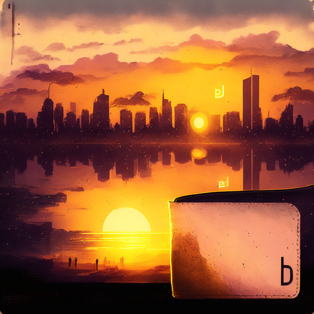 Sunset-lit cityscape with Ledger wallet, seed phrase hovering above, custodians in the background, impressionistic style, soft light, warm colors, mood of uncertainty and dilemma, question mark symbol hanging over the wallet, juxtaposition of cold and hot storage imagery, fading user trust on the horizon.
