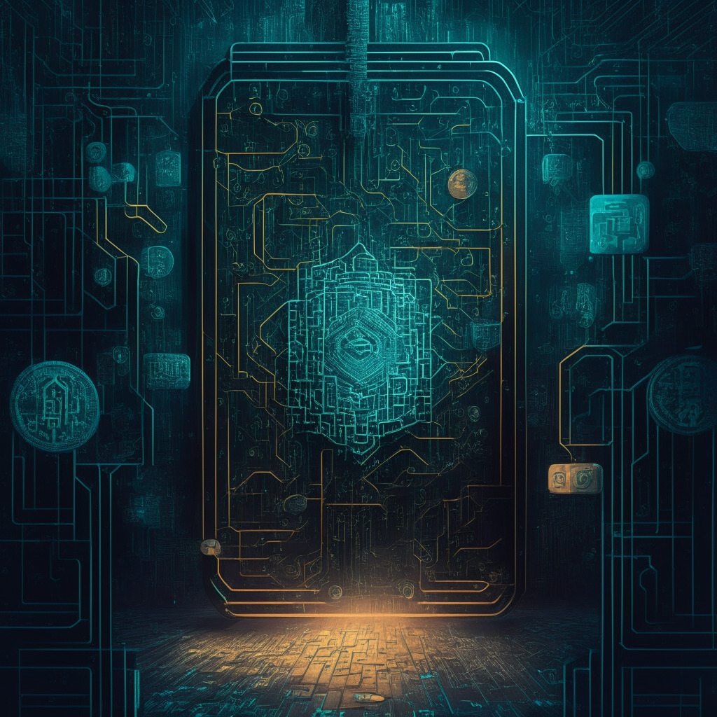 Intricate blockchain background, hardware wallet in the center, tense atmosphere, chiaroscuro lighting, surrealism style, contrasting trust & security themes, representation of data encryption, identity verification elements, subtle color palette, air of mystery and skepticism, hint of emotion in the background.