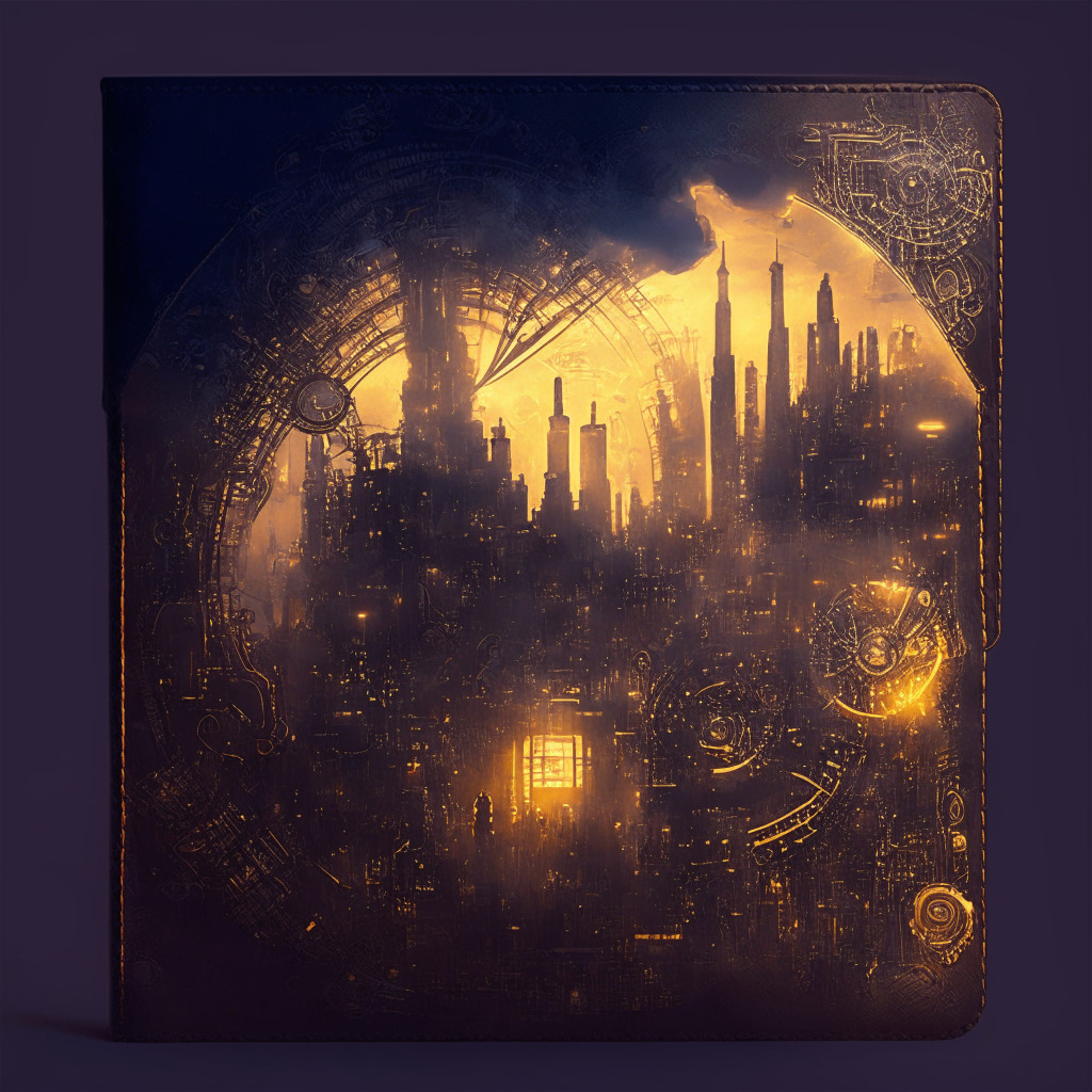 Intricate steampunk crypto wallet scene, glowing cityscape at dusk, expressive brushstrokes, mysterious mood, encrypted shards floating above wallet, ID card and passport, semitransparent lock symbol, contrasting shadows, questioning facial expressions, calming ambient light.