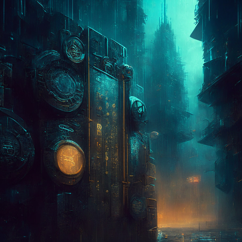 Intricate cyberpunk cityscape, multilayered wallets & digital currency symbols, intense chiaroscuro lighting, metallic textures, feeling of unease & privacy debate, warm & cold color contrast, surrealist distorted clocks illustrating recovery & backup concerns, hazy fog hinting at trust issues.
