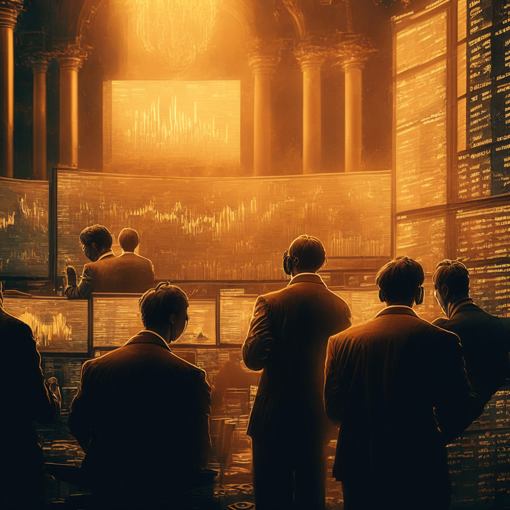 Intricate stock market scene, Bitcoin futures ETF concept, diverse investors examining charts, warm golden lighting, Baroque artistic style, NASDAQ trading floor backdrop, muted earth tones, brooding atmosphere, subtle tension between futures and spot ETF proponents, underlying theme of market manipulation concerns.