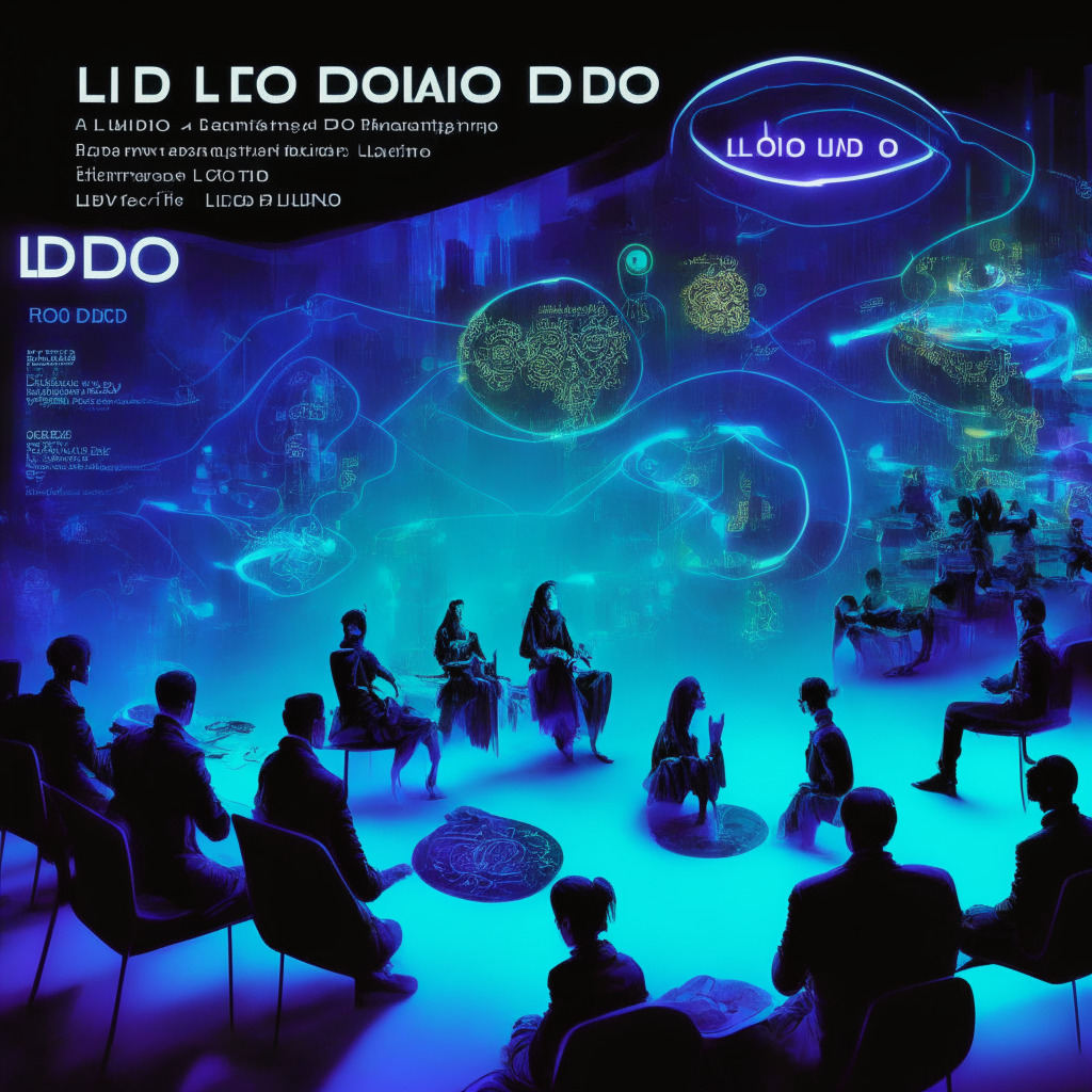 Lido DAO digital gathering, intense discussion, futuristic virtual landscape, members in cyberpunk attire, holographic infographic displaying LDO token, staking mechanism, buy back program, revenue-sharing chart, subtle glow of optimism, contrasting hues of support and skepticism, chiaroscuro lighting accentuating debate, mood of anticipation, 350 characters.
