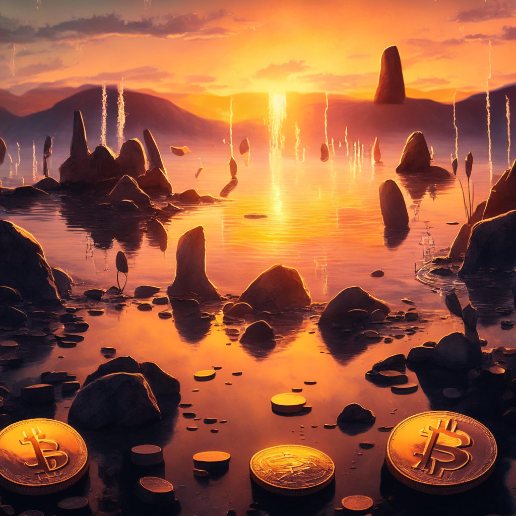 A scenic artwork of staking Ether coins, with users unlocking ETH withdrawals, in a warm-lit setting, celebrating Lido’s integration of a new feature. Artistic elements include liquid staking derivatives and rewarding stETH in sunset hues, capturing the excitement and uncertainty that surround the positive development and potential regulatory implications.