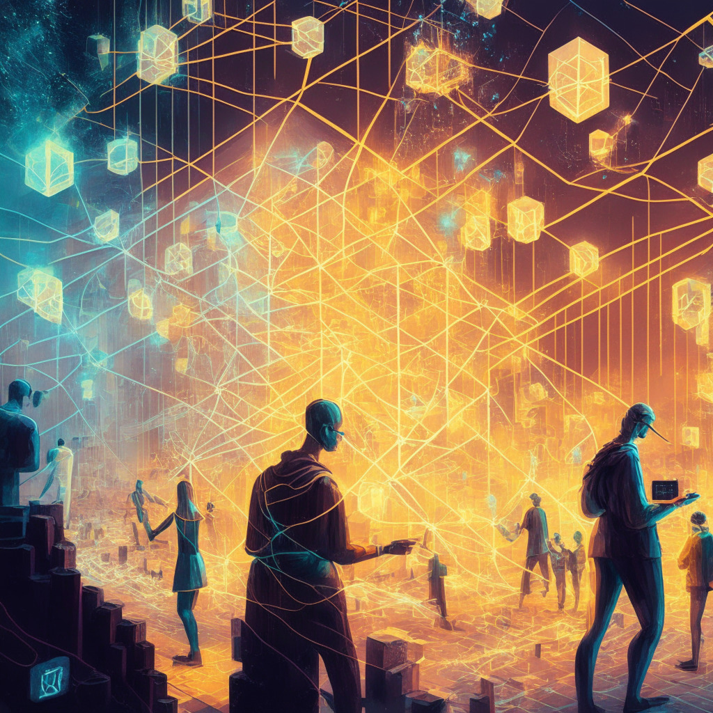 Intricate blockchain scene, Ethereum staking, glowing nodes, anticipatory atmosphere, subdued but hopeful light, staking router central figure, users surrounding, mix of warm and cool tones, blend of realism and impressionism, air of collaboration and innovation, booming staking demand growth, hints of caution balanced with progress.
