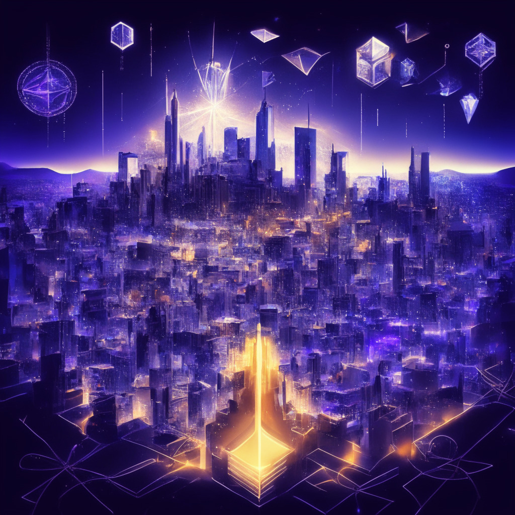 Ethereum cityscape with Lido V2 upgrade elements, diverse users unstaking stETH, glowing 1:1 ratio, dynamic NFTs reflecting withdrawal requests, soft blockchain background, vibrant yet secure mood, interconnected staking universe, warm light illuminating enhancing features, artistic touch on user experience & innovation.